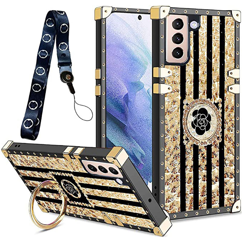 2021 Luxury Brand Black Rose Flower Crystal Ring Stripe Glitter Gold Square Retro Protective Case For Samsung S21 S10 Note 20 A72 A52 A71 A51 5G pphonecover