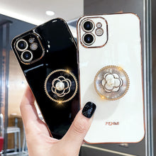 Load image into Gallery viewer, 2021 Luxury Electroplated Gold Plating Glitter Case with Camellia Popsockets For iPhone pphonecover
