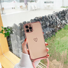 Load image into Gallery viewer, Crossbody Necklace Lanyard Plating Love Heart Case For iPhone 13 12 11 Pro Max Mini XS XR 7 8 Plus SE 2020 Bumper Soft Back Cover pphonecover
