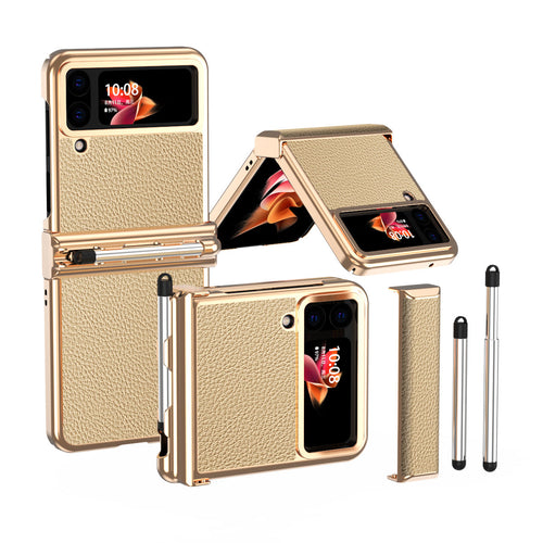 Luxury Leather Case For Samsung Galaxy Z Flip3(4) With Double Hinge + Retractable Stylus pphonecover