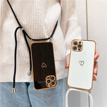 Load image into Gallery viewer, Crossbody Necklace Lanyard Plating Love Heart Case For iPhone 13 12 11 Pro Max Mini XS XR 7 8 Plus SE 2020 Bumper Soft Back Cover pphonecover
