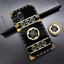 Load image into Gallery viewer, 2021 Luxury Brand Black Rose Flower Stripe Glitter Gold Square Case For iPhone pphonecover
