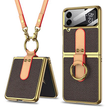 Load image into Gallery viewer, Original Leather Back Screen Tempered Glass Hard Frame Cover For Samsung Z Flip3 Flip4 5G With Lanyard pphonecover
