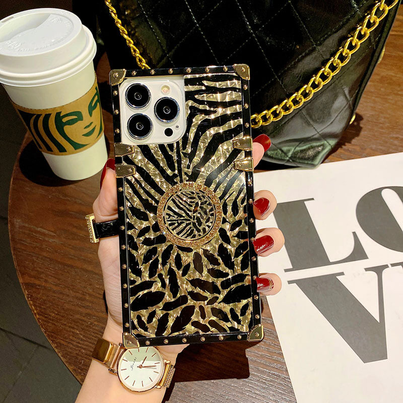 2021 Luxury Leopard Pattern Stripe Glitter Gold Square Case For iPhone pphonecover