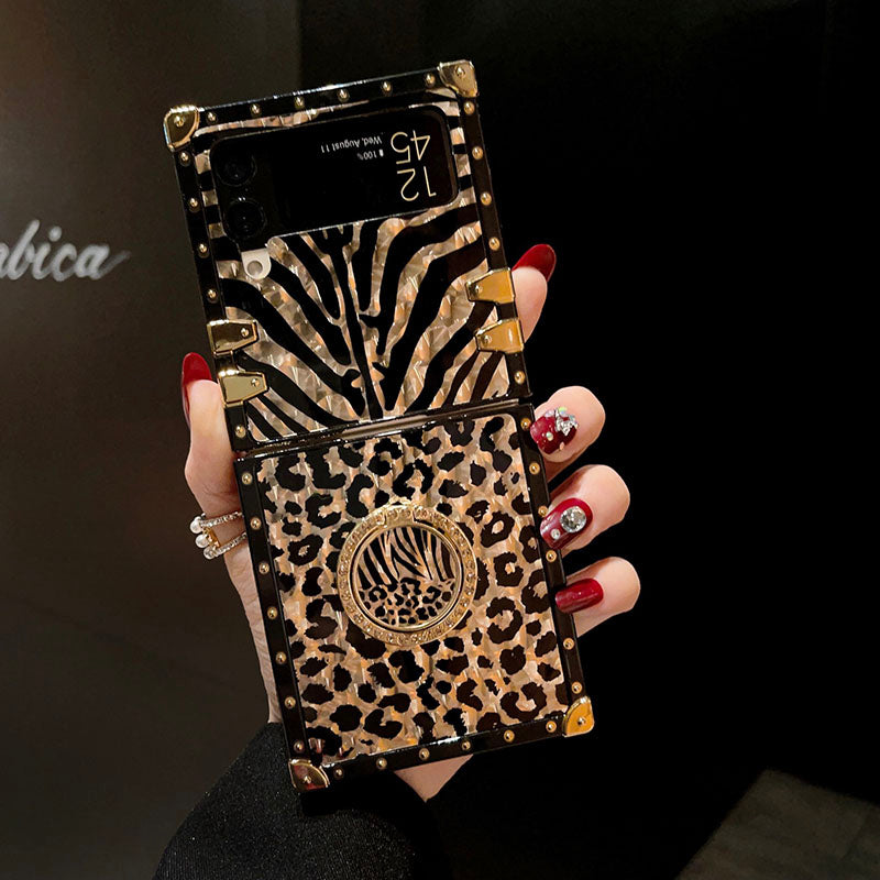 Luxury Leopard Pattern Stripe Glitter Gold Square Case For Samsung Galaxy Z Flip4 Flip3 5G pphonecover