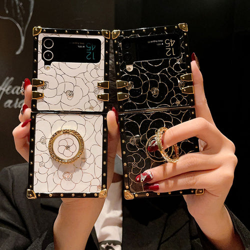 Luxury Brand Camellia Gold Plating Square Case For Samsung Galaxy Z Flip4 Flip3 5G pphonecover