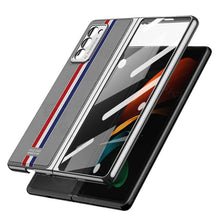 Load image into Gallery viewer, Luxury Leather Carbon Fiber Plating Case For Samsung Galaxy Z Fold3 Fold2 With Tempered Glass Screen pphonecover
