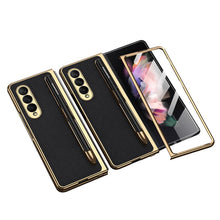 Load image into Gallery viewer, Luxury Leather Carbon Fiber Plating Case For Samsung Galaxy Z Fold3 Fold2 With Tempered Glass Screen pphonecover
