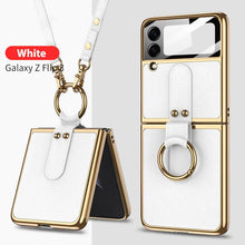 Load image into Gallery viewer, Original Leather Back Screen Tempered Glass Hard Frame Cover For Samsung Z Flip3 Flip4 5G With Lanyard pphonecover
