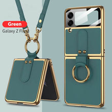 Load image into Gallery viewer, Original Leather Back Screen Tempered Glass Hard Frame Cover For Samsung Z Flip3 Flip4 5G With Lanyard pphonecover
