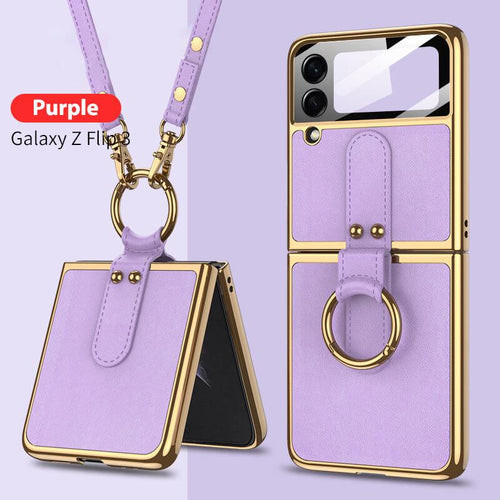 Original Leather Back Screen Tempered Glass Hard Frame Cover For Samsung Z Flip3 Flip4 5G With Lanyard pphonecover