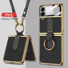 Load image into Gallery viewer, Original Leather Back Screen Tempered Glass Hard Frame Cover For Samsung Z Flip3 Flip4 5G With Lanyard pphonecover
